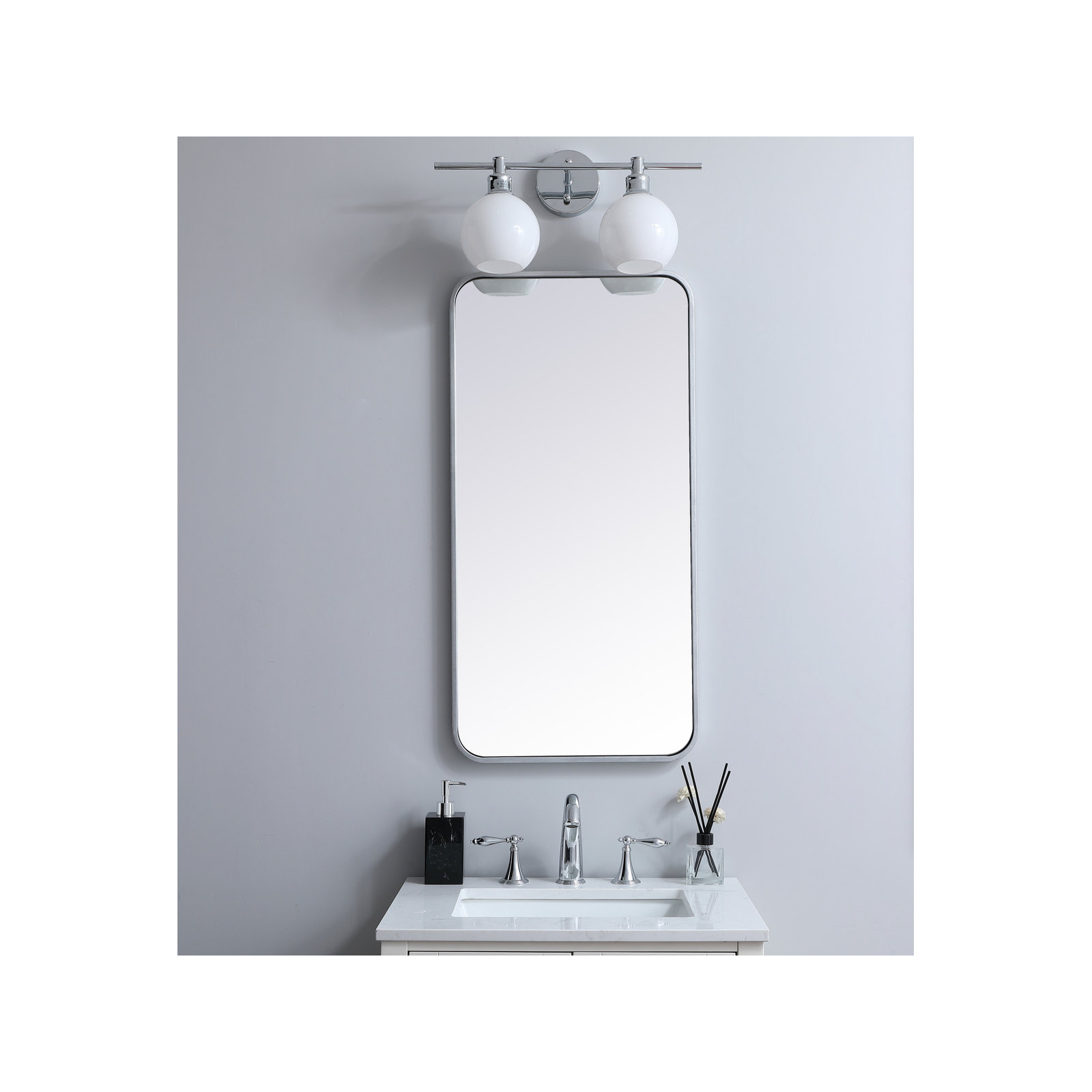 Sabine Metal Rounded Rectangle Wall Mirror, Silver, 36" x 18"