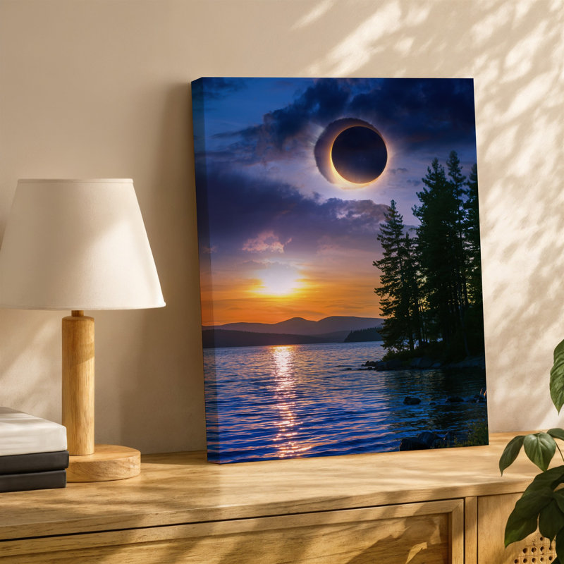 Toile, "Un coucher de soleil à couper le souffle sur un lac tranquille", art mural, éclipse solaire dramatique