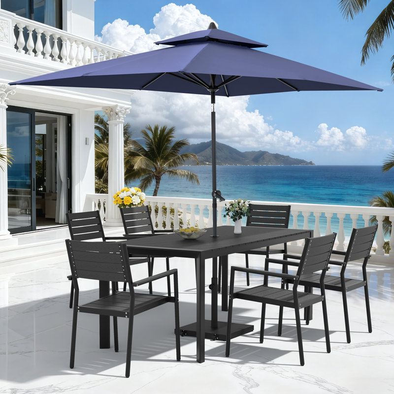 Ensemble repas pour 6 personnes en aluminium avec chaises empilables, parasol de patio et base lestée, Navy, Noir
