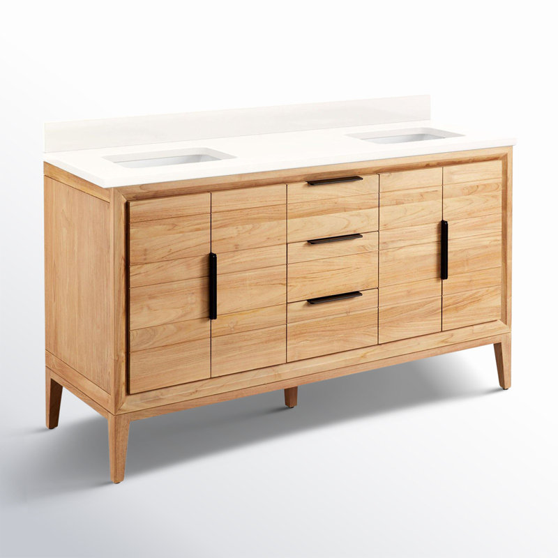 Aliso 60" Double Bathroom Vanity, Arctic White Quartz, No Faucet Hole, Natural Teak