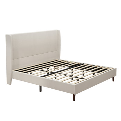 Lit tapissier à tête de lit haute, cadre de lit grand, support à 12 lattes, beige, tissu chenille facile à assembler, aucun sommier requis