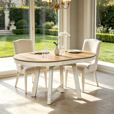 Table de salle à manger extensible, de forme ronde à ovale, feuille amovible de 16 po, placage de chêne, base à pieds croisés courbés, maison de campagne moderne, salle à manger