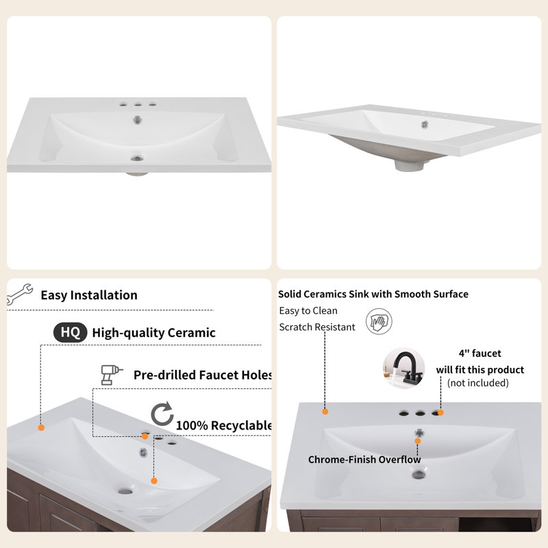 Plateau de meuble-lavabo simple 30 po en céramique avec lavabo