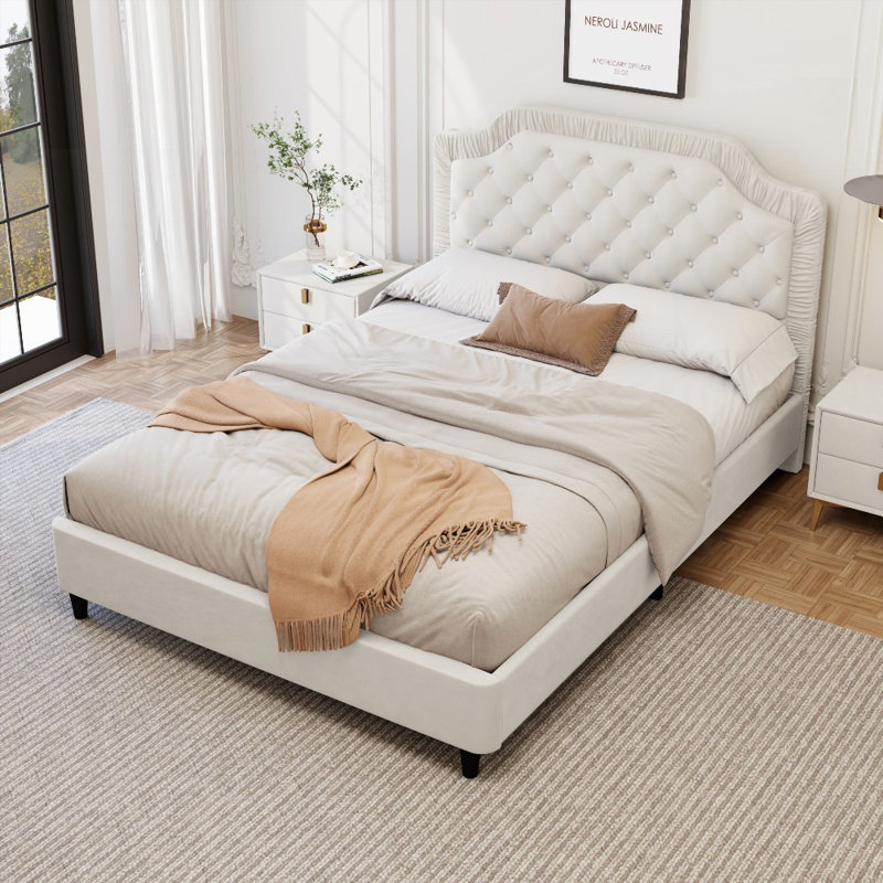 Très grand lit tapissier avec tête de lit capitonnée et capitonnée - Aucun sommier requis, robuste Durable
