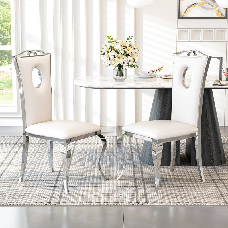 Dining Chair Set, Elegant Round Hole Backrest PU Leather Chairs, Curved Mirror Stainless Steel Legs, 4, White, Gold