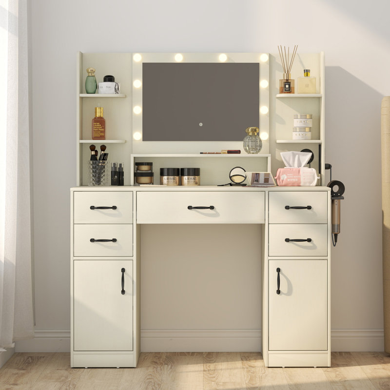 Meuble-lavabo avec miroir lumineux et prise de courant intégrée, meuble-lavabo à 5 tiroirs pour chambre à coucher et vestiaire