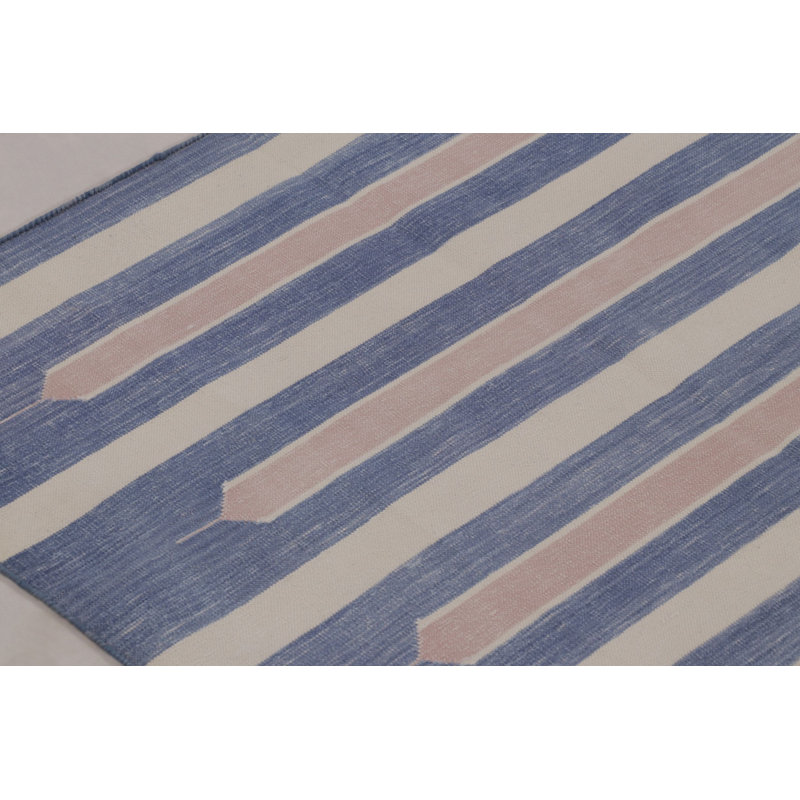 Rug & Kilim’S Contemporary Dhurrie Rug In Blue And Cream With Stripes
