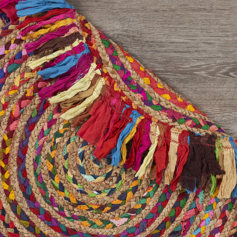 Tapis d'intérieur en fibre de jute tressé à la main Whimsical Rainbow, Rond 5 pi 6 po