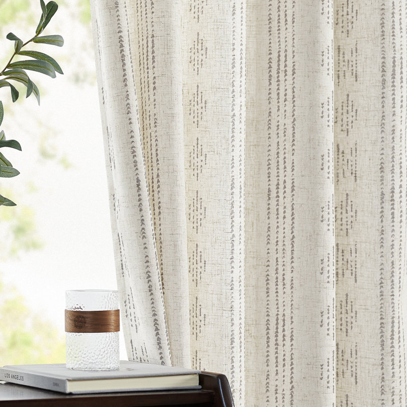 Linen Blend Semi-Sheer Rod Pocket Curtain Pair, Grey on Beige, 38" W x 96" L