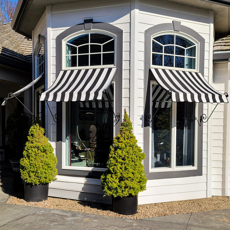 Awntech Charleston Acrylic Fabric Awning with Iron Scroll Arms, Black, 22" H x 76.5" W x 36" D