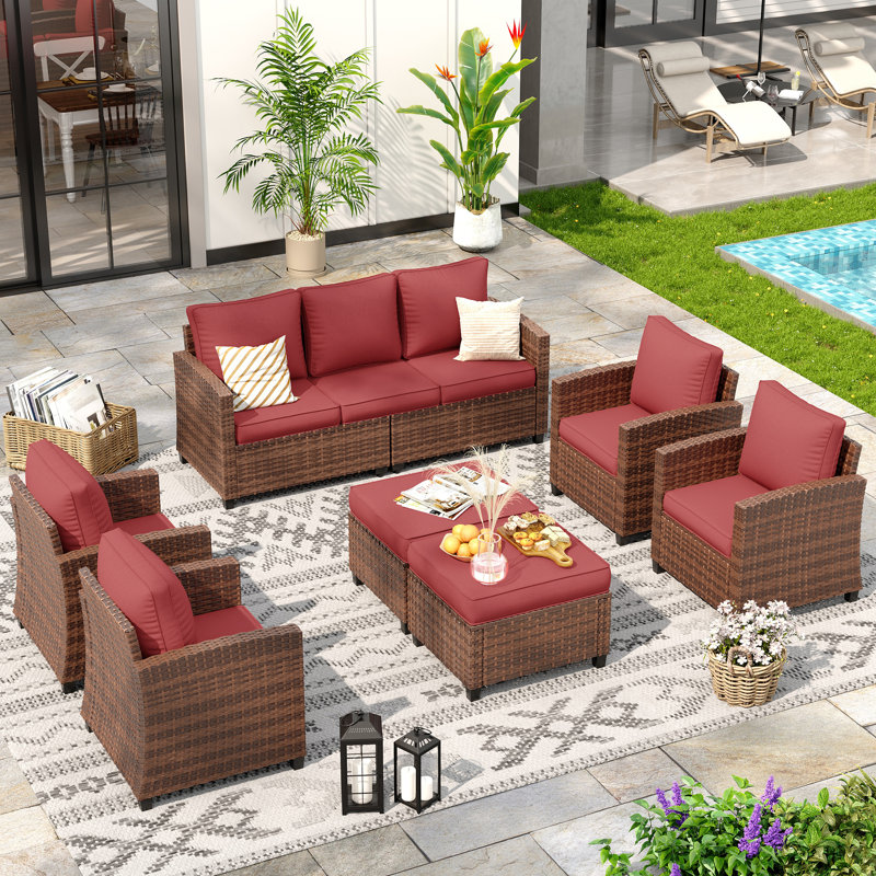 7-Person Outdoor Seating Group With Cushion, Red, Brown