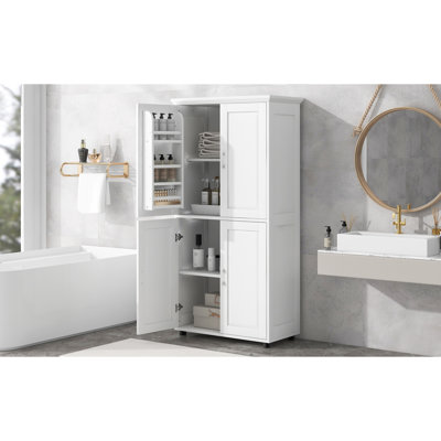 Armoire de rangement haute et large pour salle de bain, unité de rangement pour salle de bain, armoire autoportante avec 4 portes, tablettes réglables, blanc