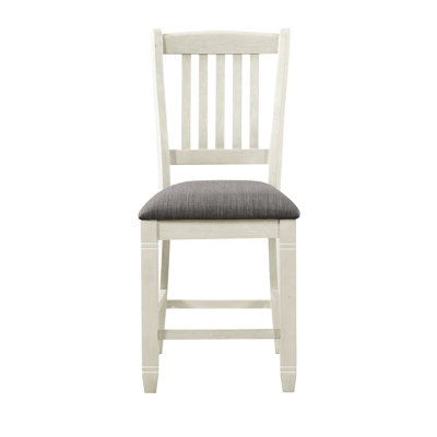 De 2 chaises à hauteur de comptoir, blanc antique, revêtement en tissu texturé gris, chaises en bois à finition blanche (2 pièces), tissu, structure