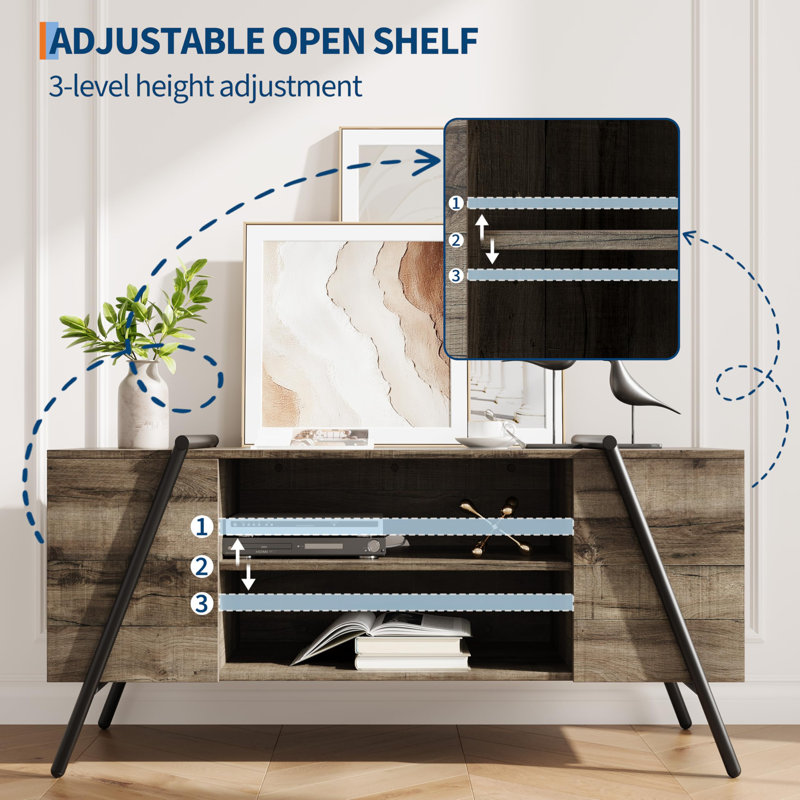 Industrial TV Stand Media Console with Slanted Metal Legs, Open Shelves