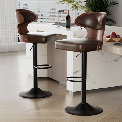 Bar Stools Set of 2 Seat Adjustable Height 62.2-85.1cm Bentwood Swivel Barstools with Back & Footrest - PU Leather Upholstered Bar Chair for Bar, Kitchen, Dining Room