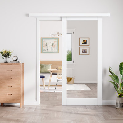 80" Hidden Style Track White Primed 1-Lite Glass Mirrored Sliding Barn Door With Hardware Kit with Soft Close(No Assembly Required)