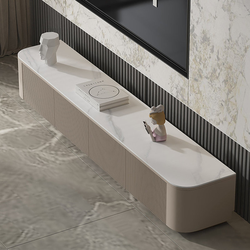 Meuble télé simple et moderne avec rangement multifonctionnel, Blanc / gris clair, H 15,74 po x L 86,61 po x l 16,53 po