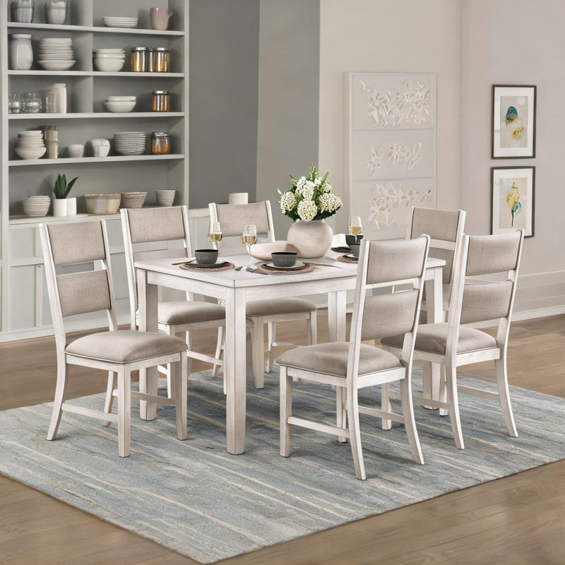 Ensemble de salle à manger rembourré 7 pièces avec table en placage de bois véritable et 6 chaises d'appoint, fini blanc éclatant, 6 places assises, rectangle Farmhouse
