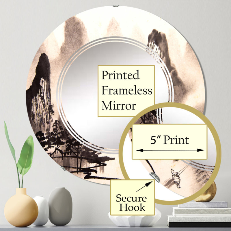 Paysage d'eau chinois monochrome - miroir mural traditionnel rond, 24 po x 24 po