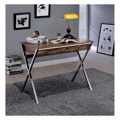 Rectangular Writing Desk With 2 Drawers, Weathered Oak And Chrome