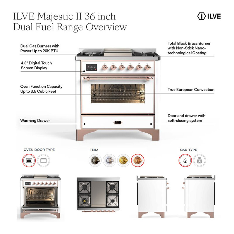 Majestic II 36" 3.5 cu.ft. Freestanding Dual Fuel with Griddle and Convection Oven, White/Copper, Natural Gas