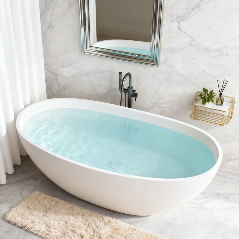 Baignoire de trempage à surface solide, baignoire autoportante en résine de pierre avec bords épais et bonde escamotable, finition blanc mat