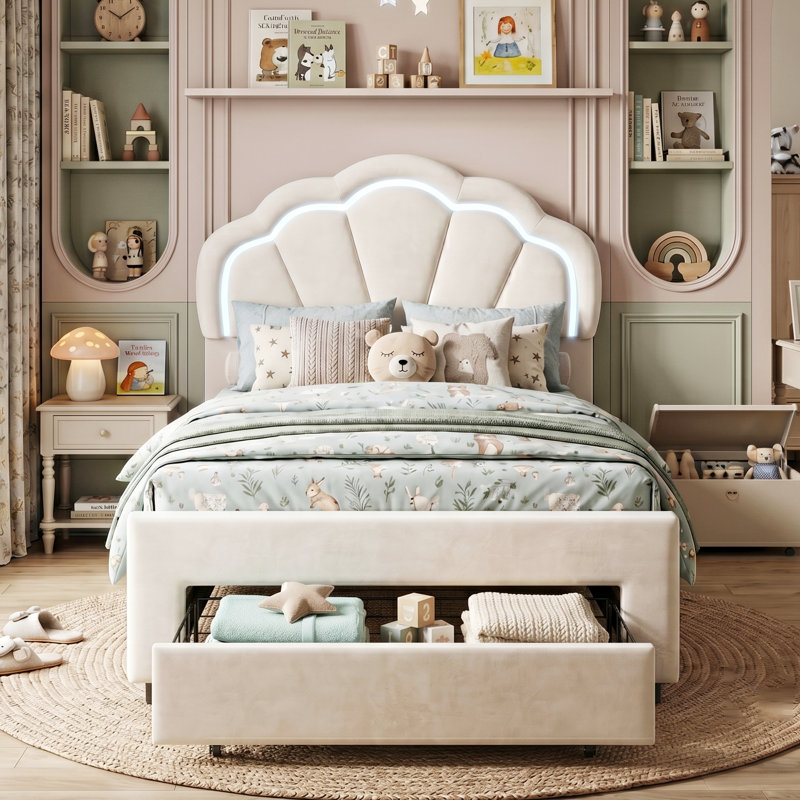 EU & UK Size Smart LED White Velvet Upholstered Bed Frame With Storage Drawers, Scalloped Petal Headboard & App Controlled RGB LED, 90/140X200cm & 120X190cm