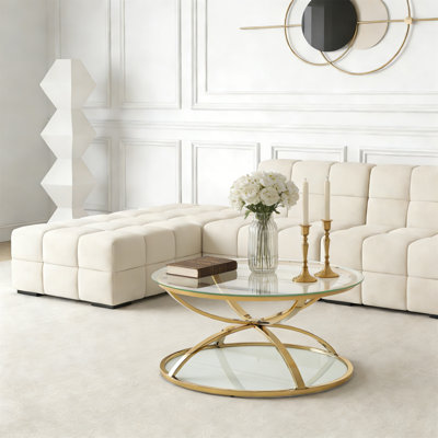 Table basse moderne en verre avec 2 niveaux, cadres en forme d'anneau, structure en métal et verre trempé transparent, table basse ronde pour le salon, la chambre à coucher et le bureau