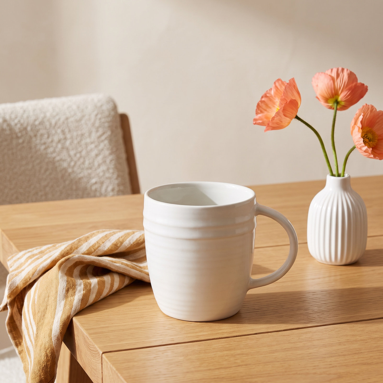 Lines Handmade Stoneware Coffee Mug, White