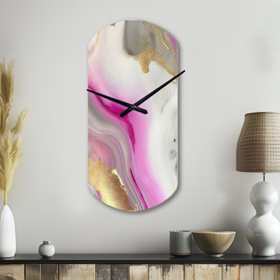 Rose et or marbre abstrait II - horloge murale cylindrique en métal, horloge murale asymétrique moderne