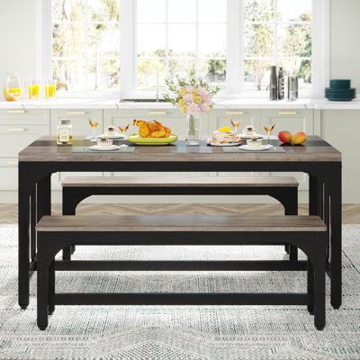 Dining Table Set For 4, Farmhouse Kitchen Table With 2 Benches, 3-Piece Dining Room Table Set With Metal Frame For Breakfast Nook And Small Spaces, Grey