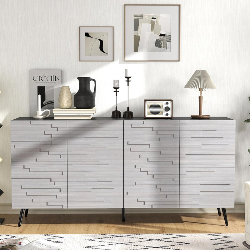 Buffet gris et noir à 4 portes avec crédence moderne cannelée