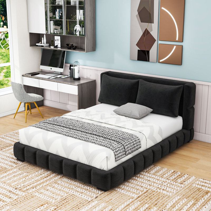 Ensemble de lit plateforme tapissier avec 2 coussins, Noir, Grand lit