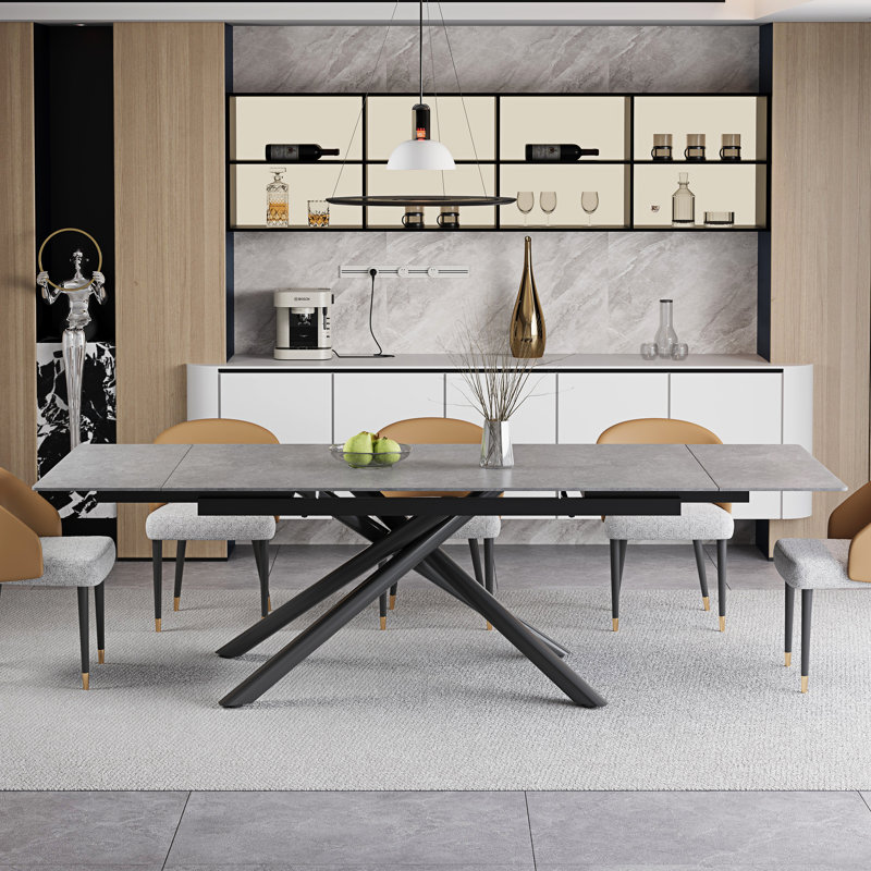 102'' Extendable Dining Table Set With Sintered Stone Dining Table And 8 Faux Leather Dining Chairs, Yellow/Gray, Gray