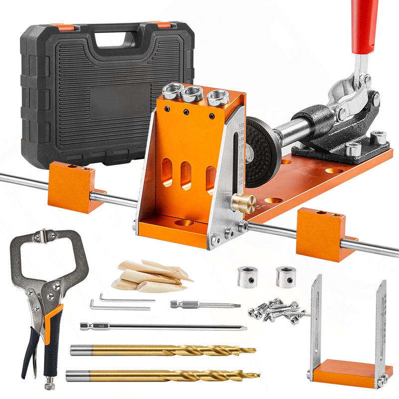 Ensemble de gabarits à trous de poche, système de gabarits à trous de poche 34 pièces avec pince en C de 11 po, luminaire, perceuses à pas, clés, anneaux d'arrêt de perceuse, embouts carrés, boîte à outils, réglable, pour les projets de menuiserie de bricolage