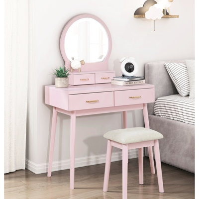 Meuble-lavabo rose avec tabouret, miroir et rangement pratique pour miroir, tabouret et 4 tiroirs