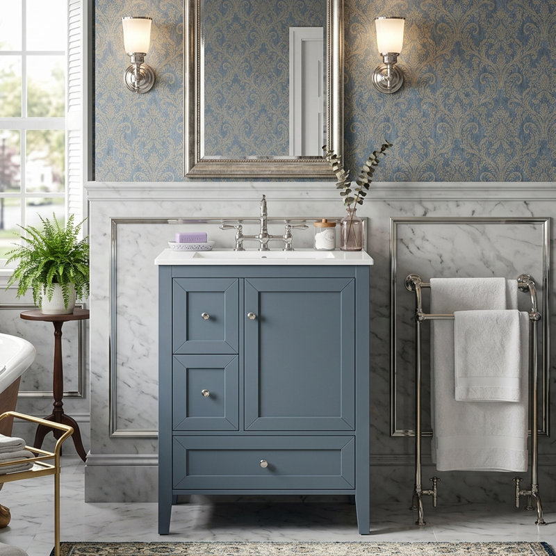Meuble-lavabo autoportant moderne de 24 po avec comptoir en céramique intégré, armoire de rangement simple à pieds en bois massif avec 3 tiroirs à fermeture en douceur, porte d'armoire et support de rangement intégré, montage sur robinet central (offert en blanc et bleu)