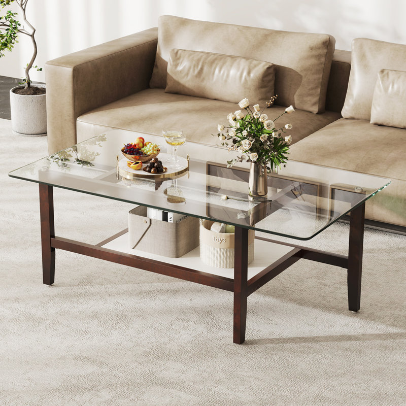 Table basse à 2 niveaux avec tablette de rangement et pieds en bois d'hévéa