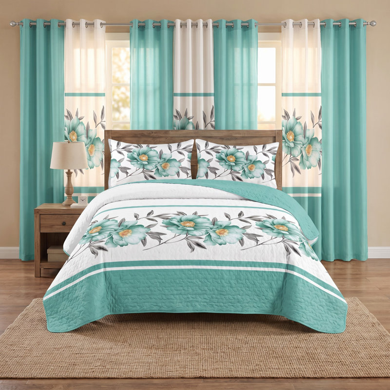 California King Size Comforter Set 9 Pieces, All Season Luxury Bed in a Bag for Bedroom, With Matching Curtains, Soft Microfiber, Green Rose