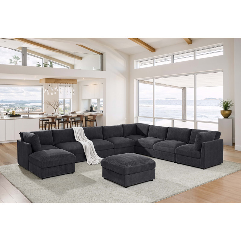 Canapé modulaire en velours côtelé Greatstian, Velours côtelé gris foncé