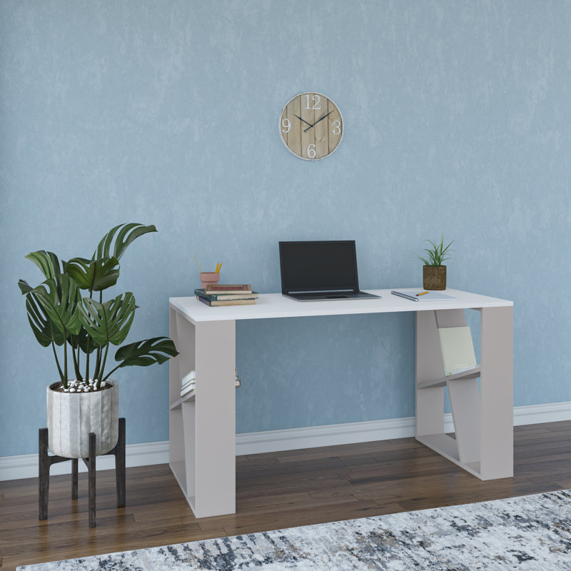 Adalard 2 Tier Modern Desk, White/Light Mocha