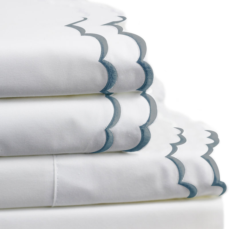 Ensemble de draps 100% coton 300 fils Bara, Ensemble de draps pour lit simple avec 1 taie d'or, Bleu marine / blanc
