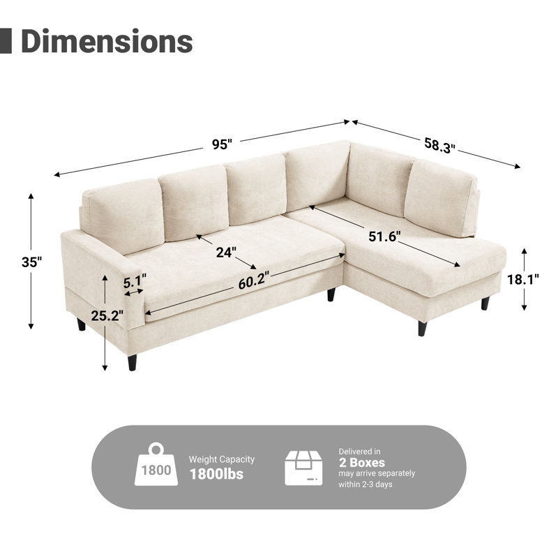 95" Upholstered L Shaped Sofa Modern Sectional, Beige Chenille