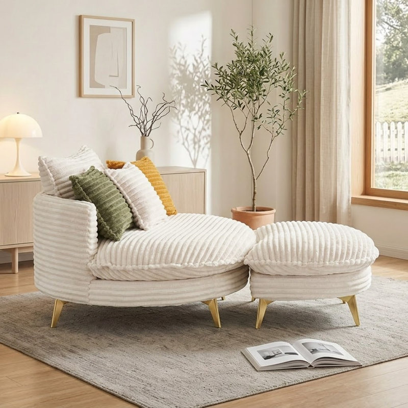 Méridienne ronde moderne avec repose-pieds et coussins revêtus de velours côtelé, Beige