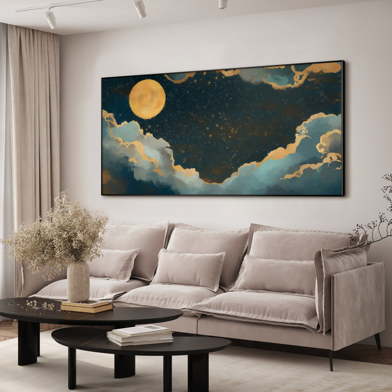 Celestial Moon with Night Clouds Dreamy Sky Illustrations Extra Large Framed Wall Art Print Decor (Frame Assembly Required)