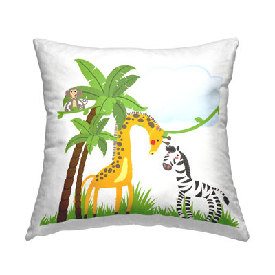 Coussin décoratif à imprimé de dessin animé animaux et palmiers par Kim Allen