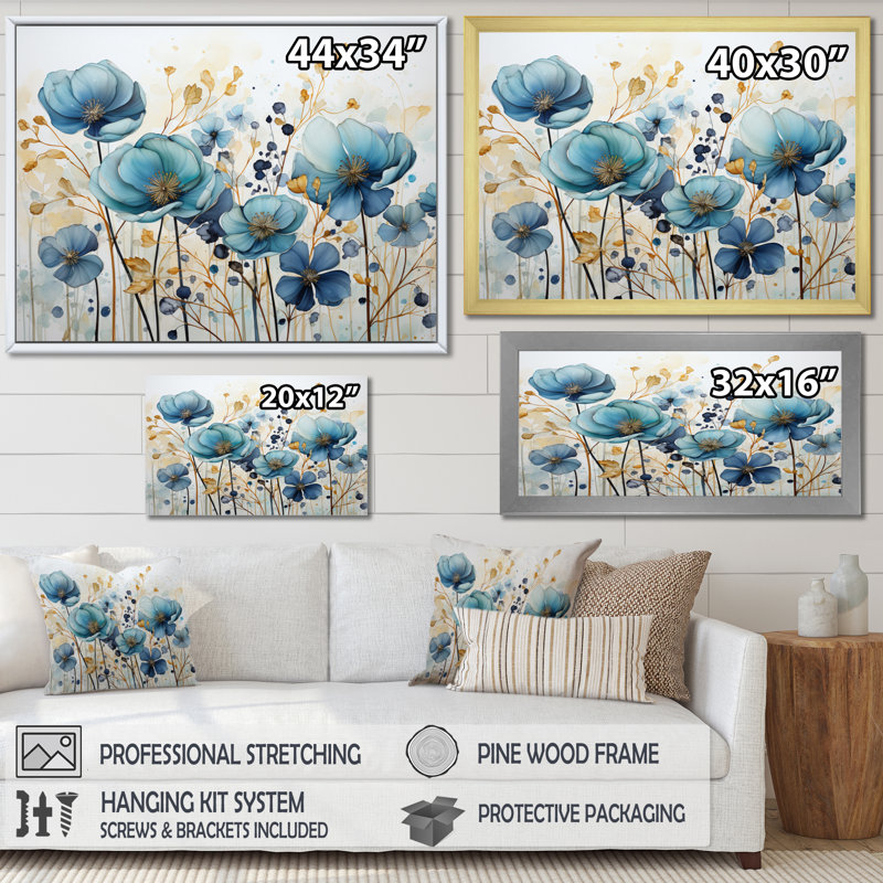 «Bluie Botanical Rhythms - Abstract Botanicals Wall Art Living Room», Cadre flottant doré, H 16 po x l 32 po x P 1 po