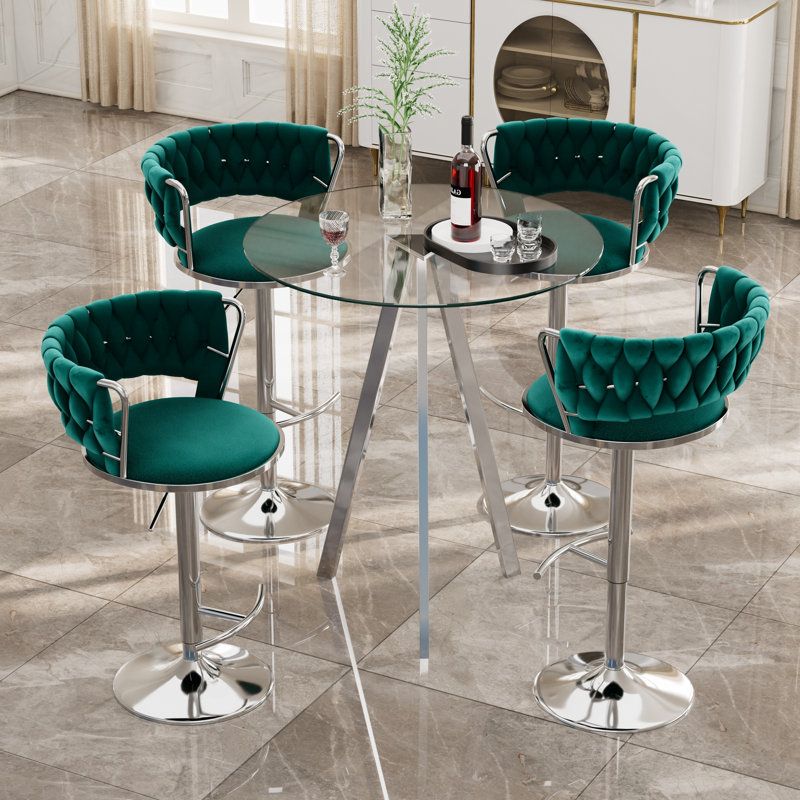 Ensemble de table de bar et tabouret 3/5 pièces Modern Luxury, Vert / Argent, 5 pièces: table, 4 chaises, Argent
