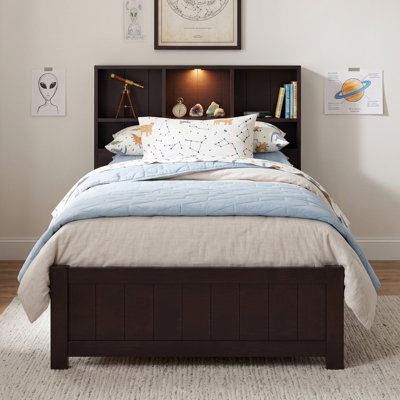 Twin Size Wooden Bed with Bookcase Headboard and Built-in Downlight and Charging Station and Side Drawers