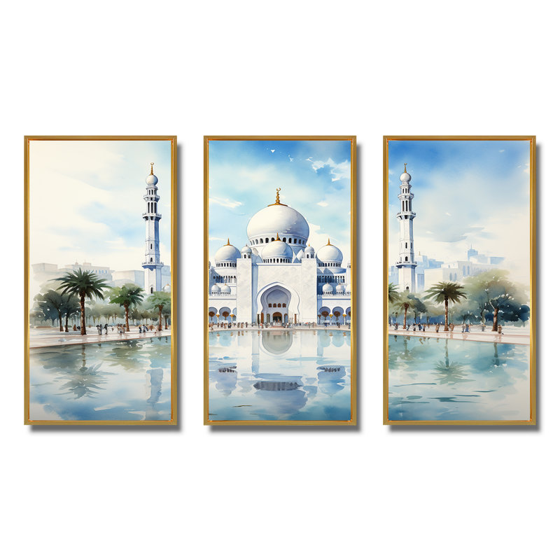Blanc, mosquée de l'Islam blanc Sheik Zayed III - Art mural, Cadre flottant doré, H 28 po x l 36 po